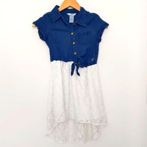 Girls Guess Sleeveless Blue Denim and Cream Lace Hi Low Dress Size 10